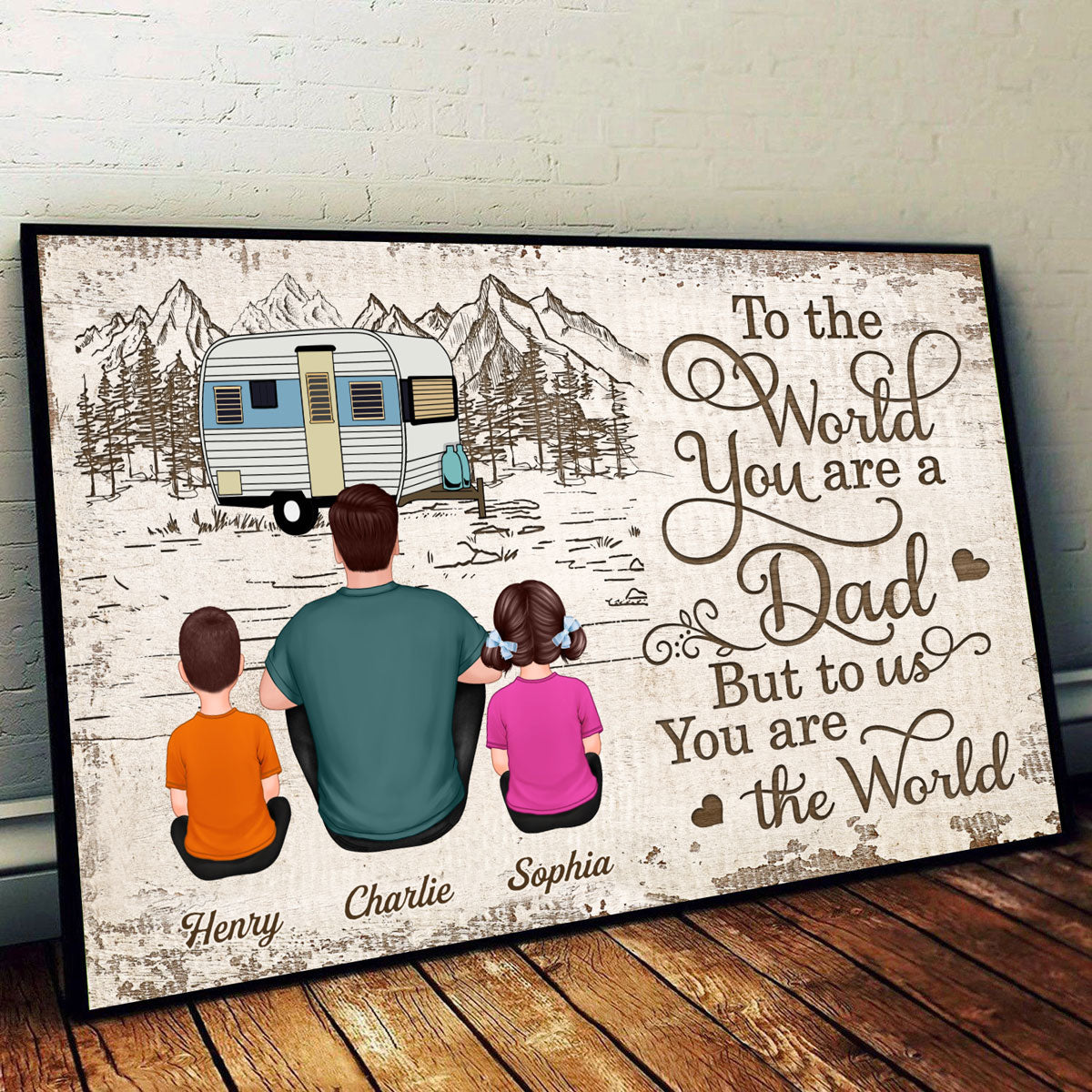 Camping Back View Dad And Kids Dogs Cats Sitting Personalized Horizontal Poster