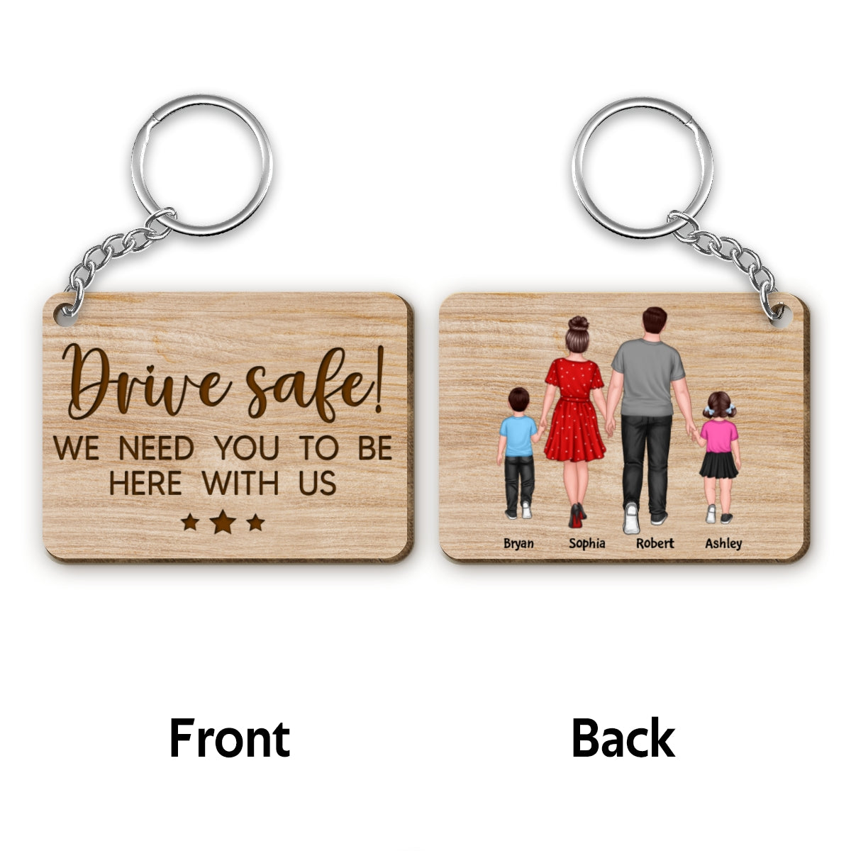 Family Couple & Kid Walking Back View Personalized Wooden Keychain
