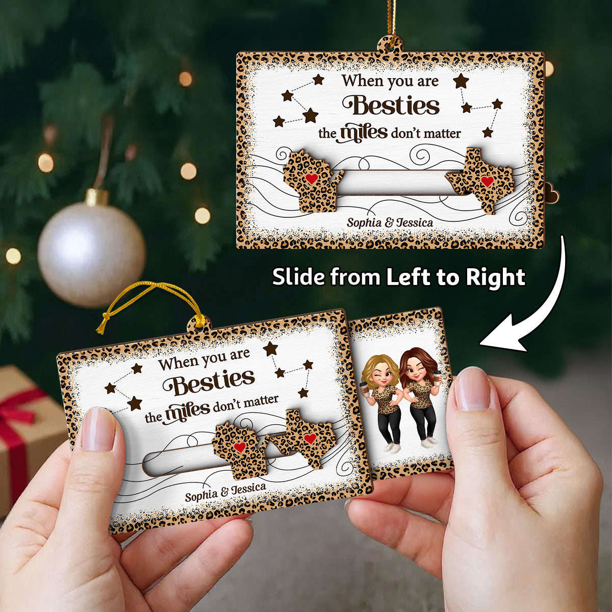 Long Distance Leopard State Map Besties Sisters Personalized Slider Ornament, Meaningful Christmas Gift
