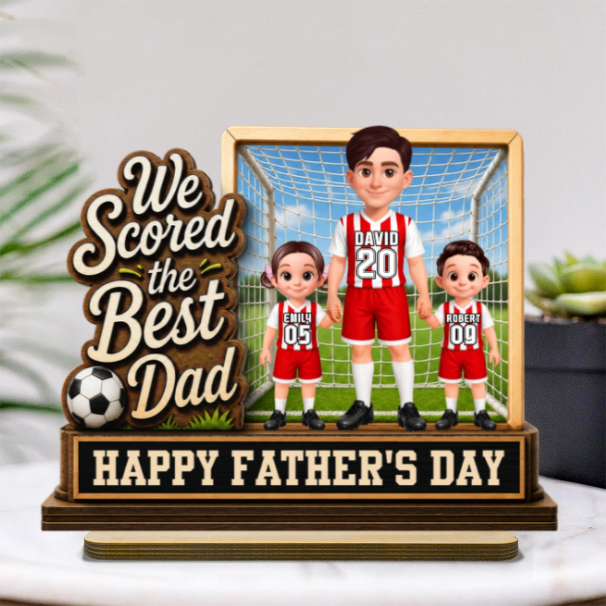 We Scored The Best Dad Dad & Kids In Goal 2D Flat - Personalized 2-Layered Wooden Plaque - Father's Day Gift For Soccer Dad, UK Football Dad