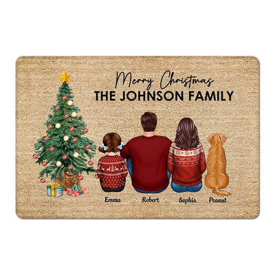 Family Christmas Family Back View Couple Kid Dog Cat Personalized Doormat