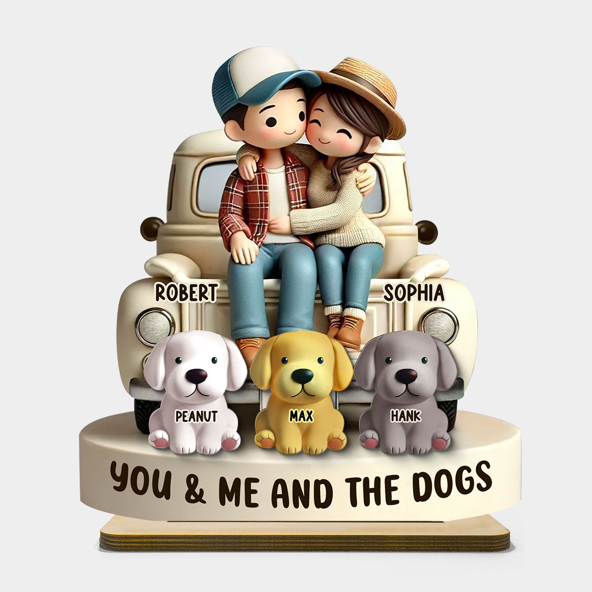 Couple On Truck You Me And The Dog Cats Personalized 2-Layer Standing Wooden Plaque, Heartfelt Gift For Couple, For Dog Lovers, Cat Lovers, Pet Lovers