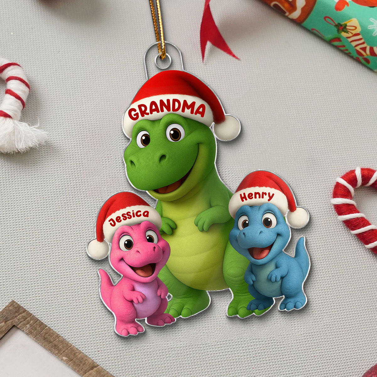 3D Effect Cute Christmas Dinosaur Grandmasaurus And Grandkids - Personalized Acrylic Ornament - Gift For Grandkids, Grandmas