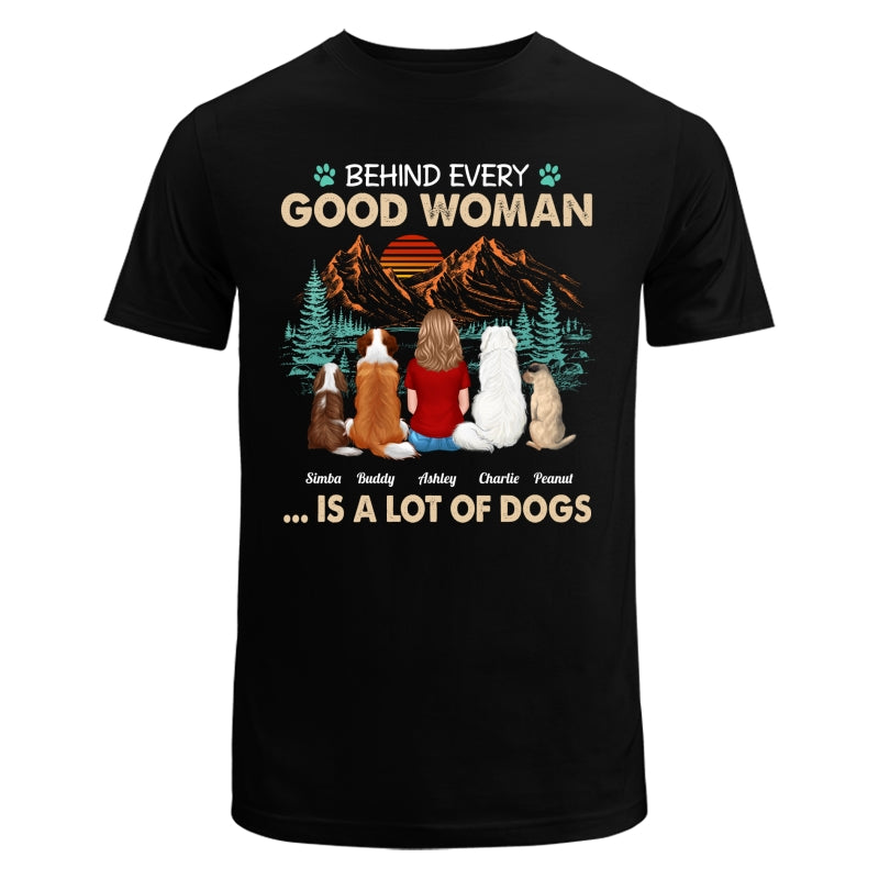Behind Good Woman Is A Lot Of Dogs Back View Woman Sitting With Dogs Retro Pine Forest Personalized Shirt