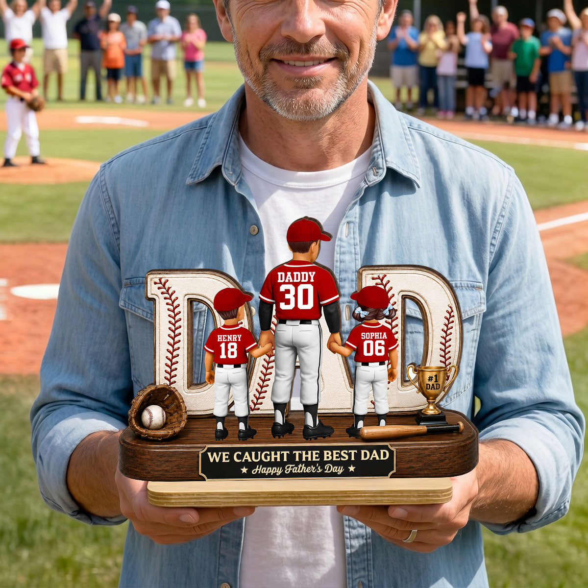 No 1 Baseball Dad Legend We Caught The Best Dad - Personalized 2-Layered Wooden Plaque - Father's Day Gift For Dad, Husband