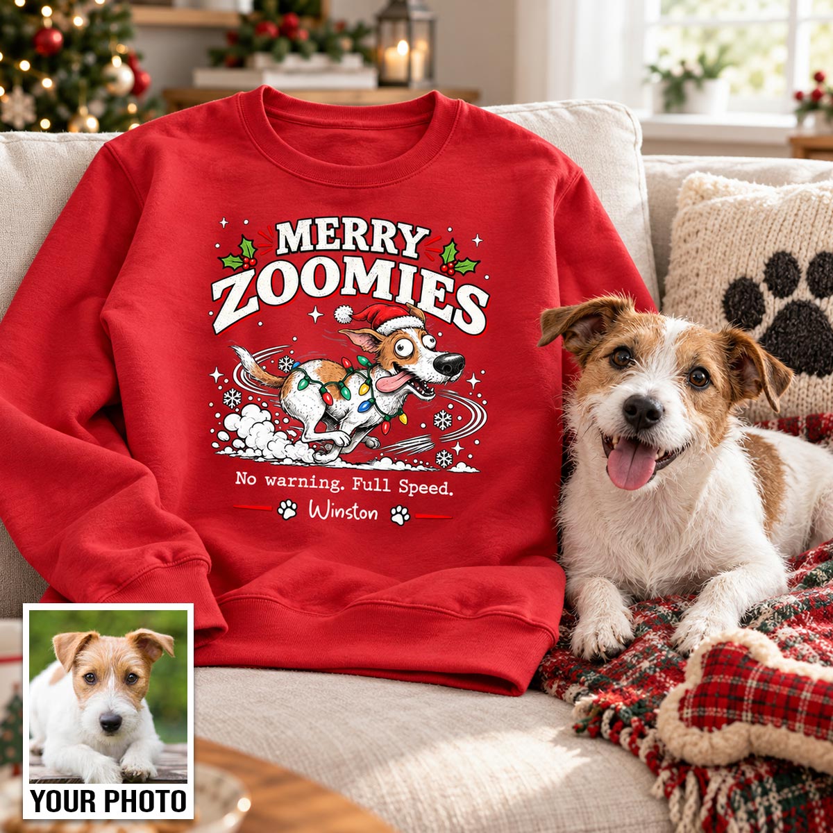Merry Zoomies Quirky Dog Portrait From Your Custom Pet Photo - Personalized Shirt - Funny Festive Christmas Gift For Dog Lover