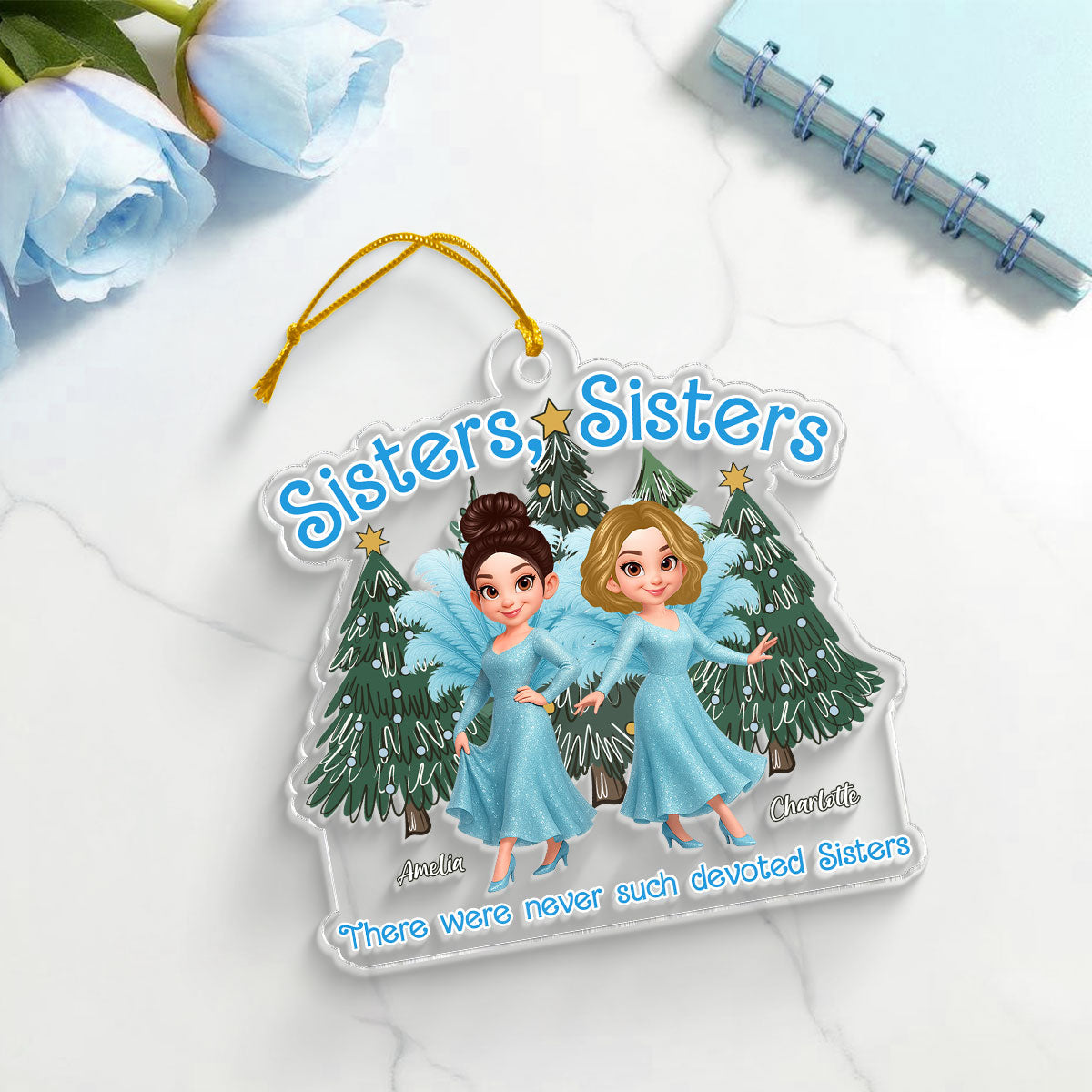Cute Cartoon Sisters Besties Blue Dress Under Christmas Tree Personalized Acrylic Ornament