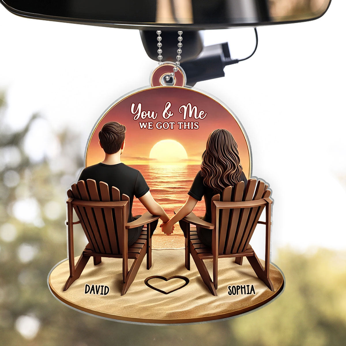 3D Effect Couple Beach Landscape Retro Vintage Personalized Car Hanger, Anniversary Gift For Couple