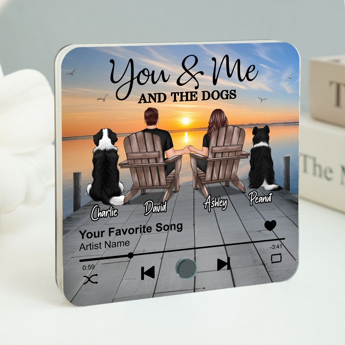 Couple You Me And The Dogs Cats Sitting On Lake Dock Personalized Music Fridge Magnet, Gift For Couple, Dog Lovers, Cat Lovers, Pet Lovers