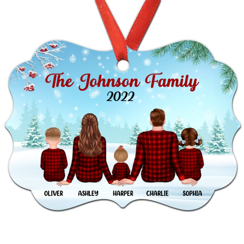 Checkered Pattern Pajamas Family Back View Personalized Christmas Ornament