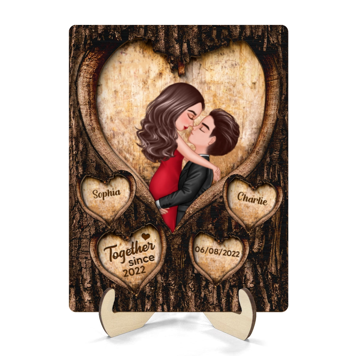 Couple Kissing Hearts Engraved On Tree Personalized 2-layer Wooden Plaque,  Gift For Him, For Her
