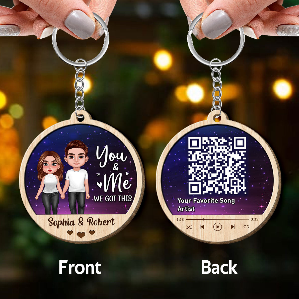 Doll Couple Standing Galaxy Favorite Song QR Code Personalized Circle Wooden Keychain