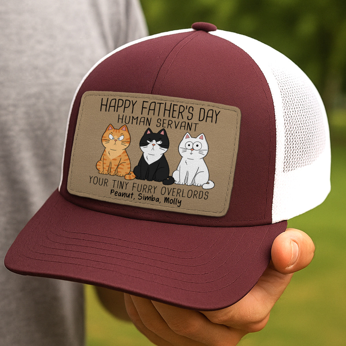 Happy Father‘s Day Human Servant Funny Cute Cats Personalized Leather Patch Hat, Gift For Cat Dad