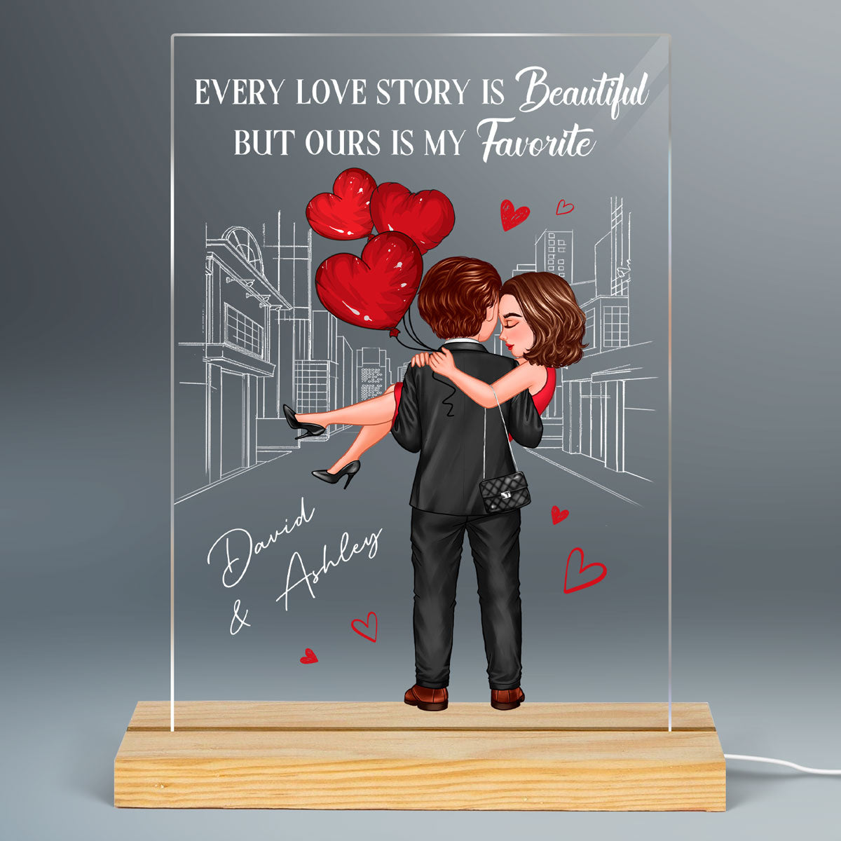 Embracing Hugging Doll Couple Outline Background Personalized Plaque LED Night Light