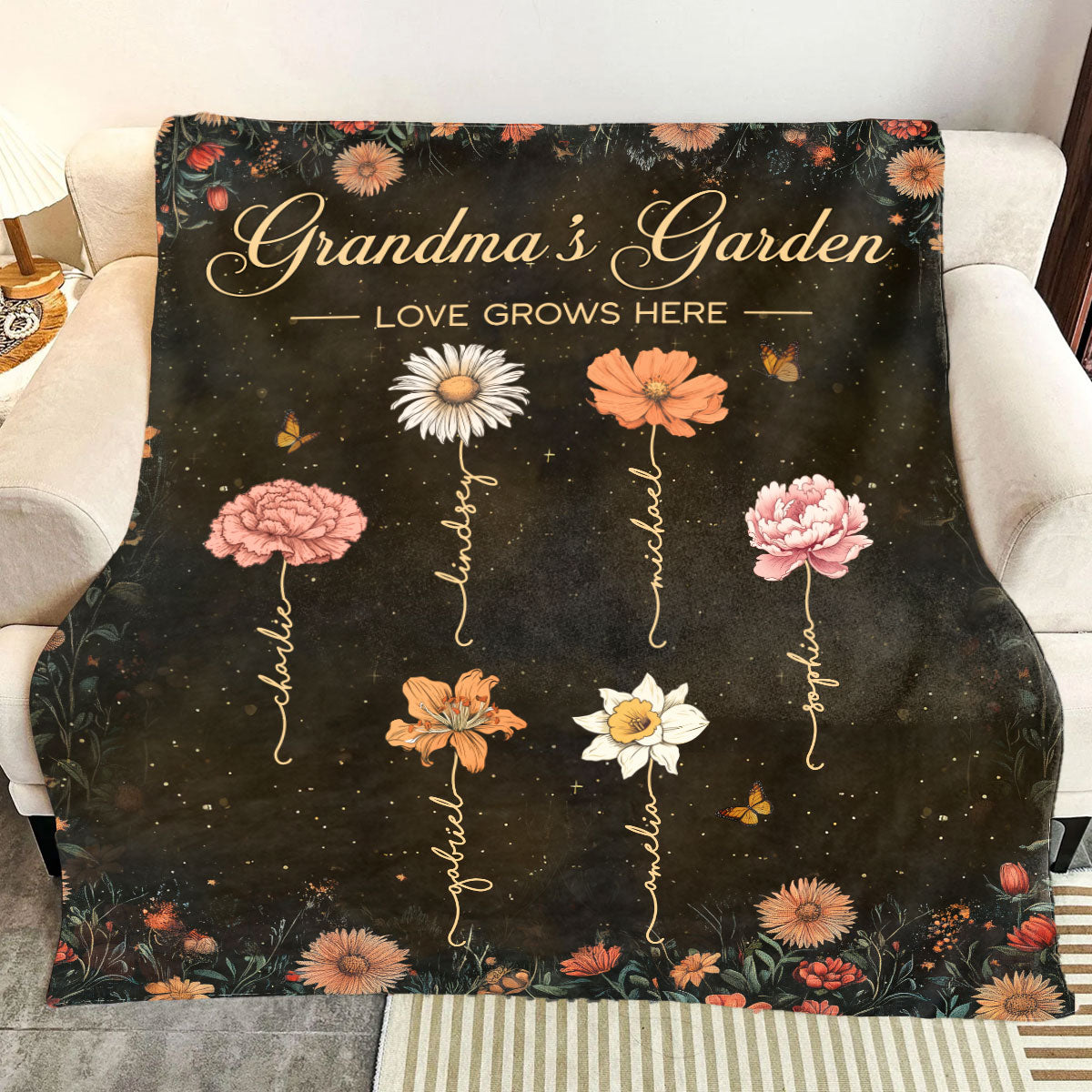 Grandma's Garden Vintage Birth Month Flower Personalized Fleece Blanket, Gift For Grandma