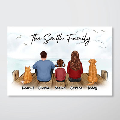 Family Dad Mom Kids Dogs Cats Sitting On The Bridge Personalized Poster, Birthday And Anniversary Gift For Dad, Mom, Husband, Wife