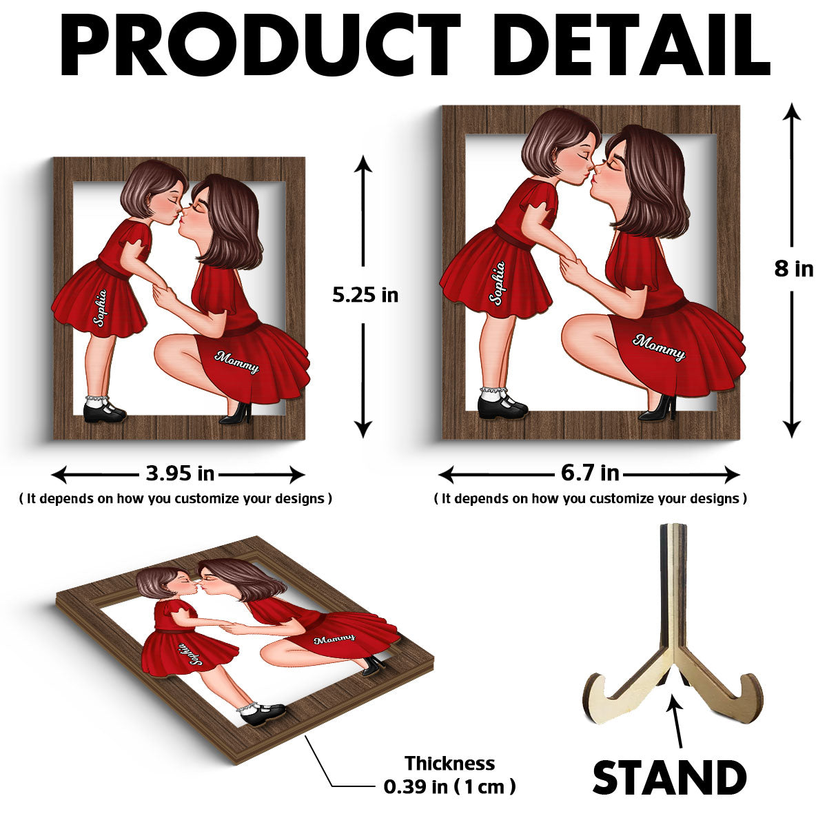 Mom And Kid Holding Hands Kissing Frame Personalized 2-layer Wooden Plaque