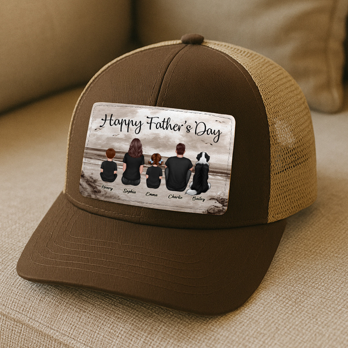 Family Sitting Retro Vintage Beach Landscape Personalized Leather Patch Hat, Gift For Dad