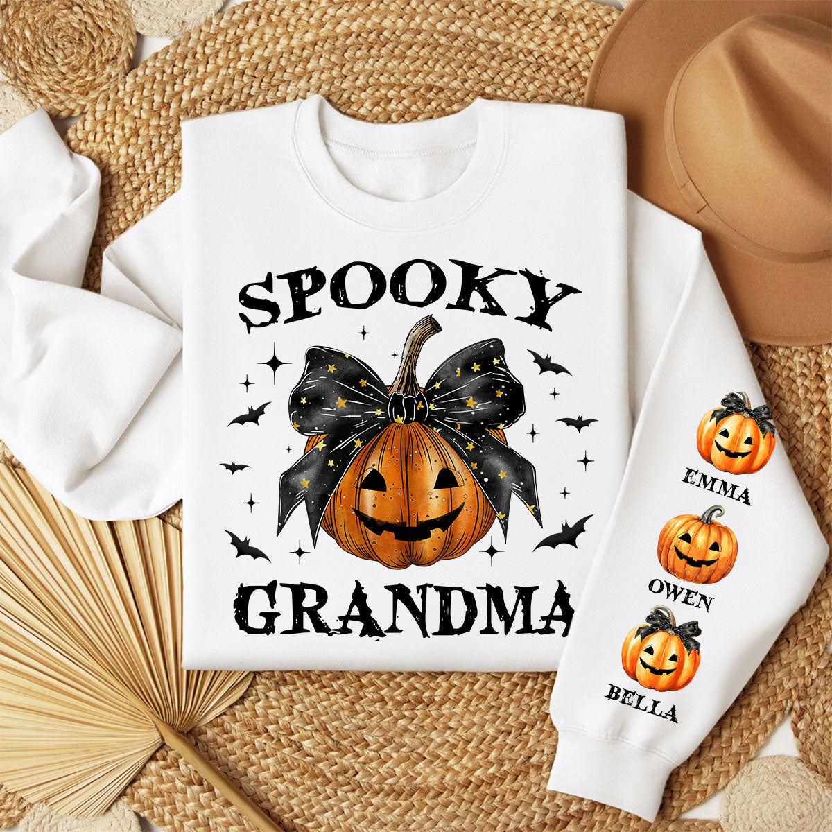 Spooky Grandma Mom Halloween Pumpkin Personalized Sleeve Printed Sweatshirt