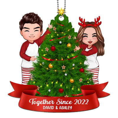 Doll Couple Decorating Christmas Tree Personalized Wooden Ornament