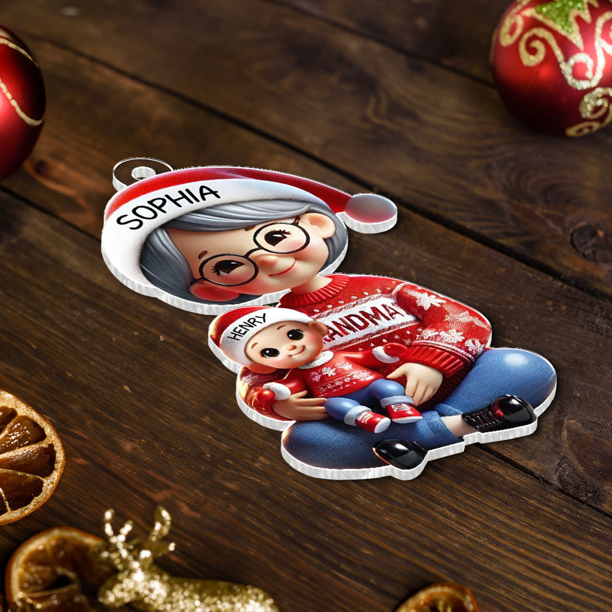 3D Effect Grandma Grandkids Sitting Crossed Legs Personalized Acrylic Ornament, Christmas Gift for Grandma, Granddaughter Grandson