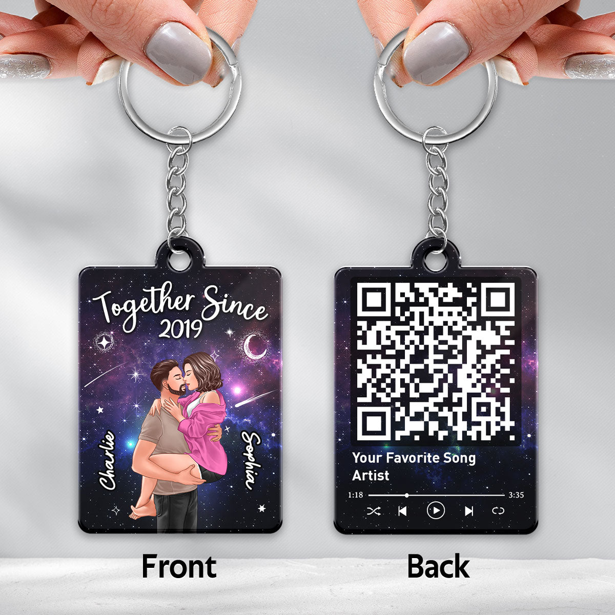 Man Holding Woman Kissing In Galaxy Night Favorite Song Scannable QR Code Personalized Acrylic Keychain