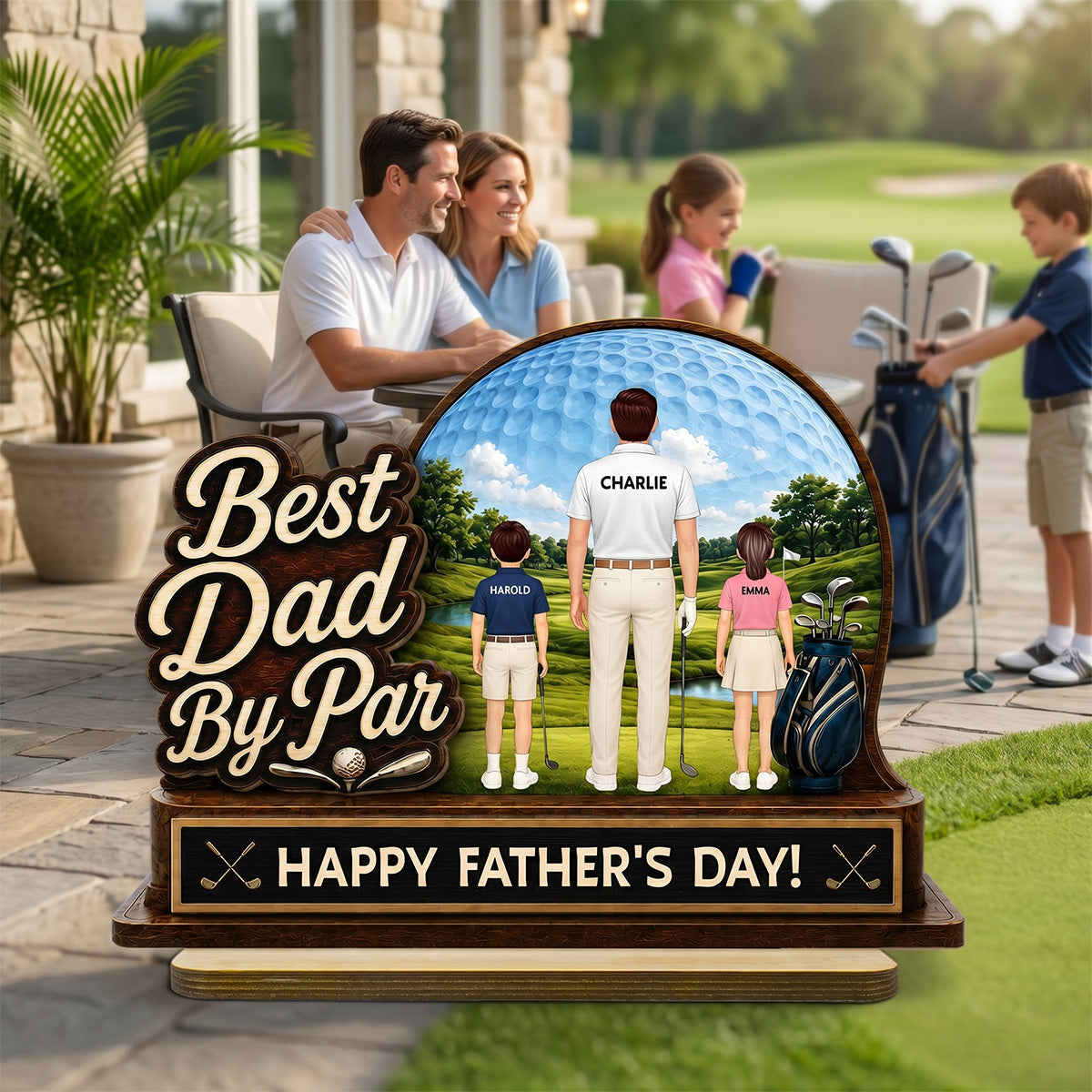 Best Dad By Par Custom Man & Kids Back View - Personalized 2-Layered Wooden Plaque - Father's Day Gift For Golf Dad