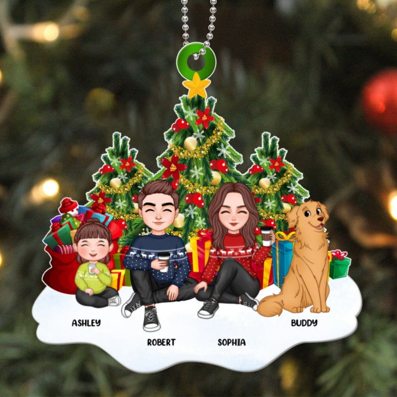 Cute Family Dad Mom Kids Dogs Cats Sitting At Christmas Tree Personalized Acrylic Ornament