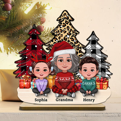 Leopard Checkered Christmas Tree Grandma & Grandkids Tabletop Decor Personalized 2-Layer Standing Wooden Plaque