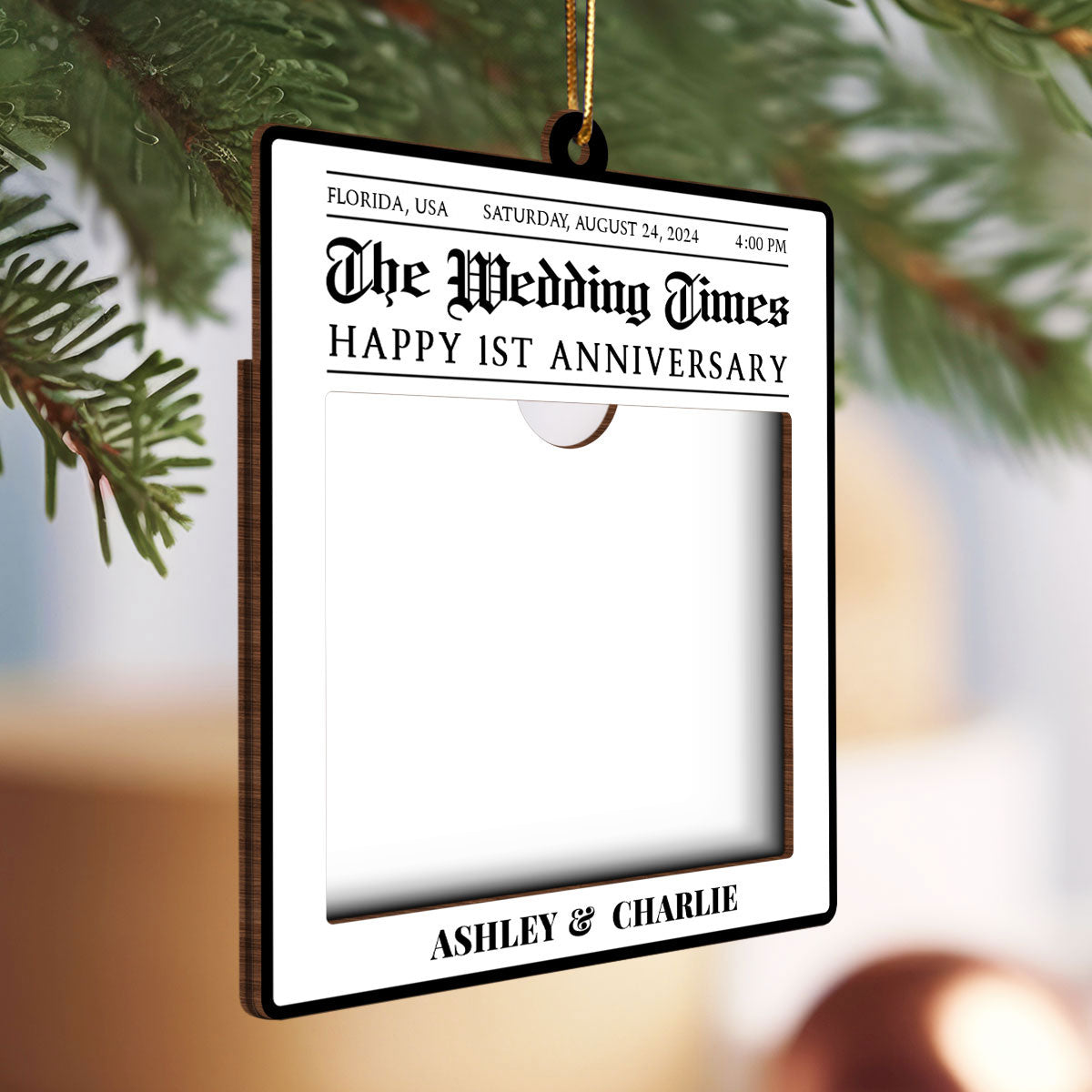 Newspaper Newlywed Anniversary Personalized Photo Frame Ornament, Unique Christmas Gift for Newlywed, Couple, Hanging Photo Car Ornament