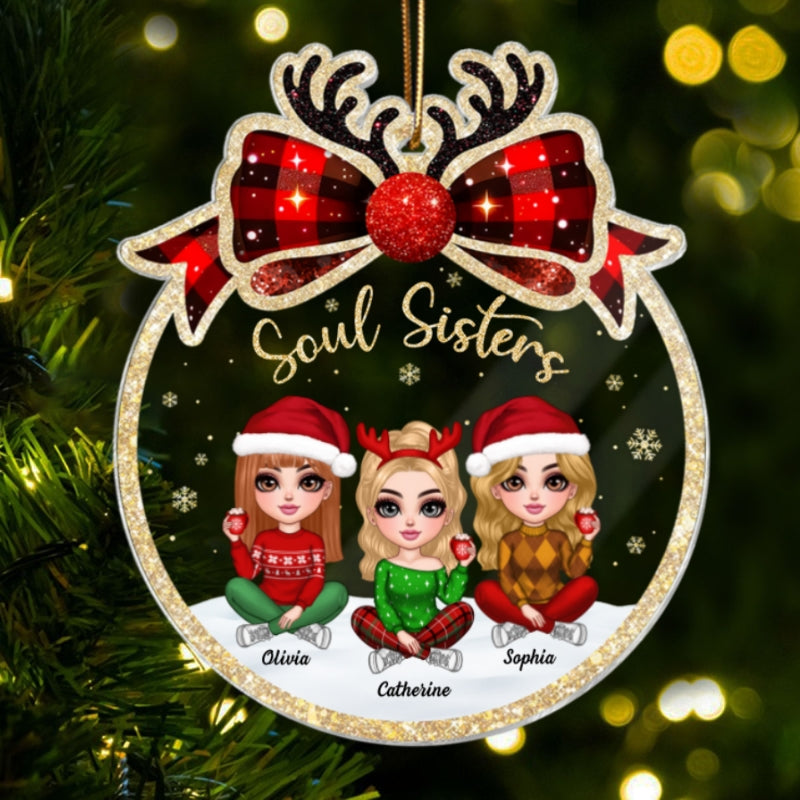Lovely Besties Christmas Bow Personalized Acrylic Ornament, Christmas Gift For Best Friends