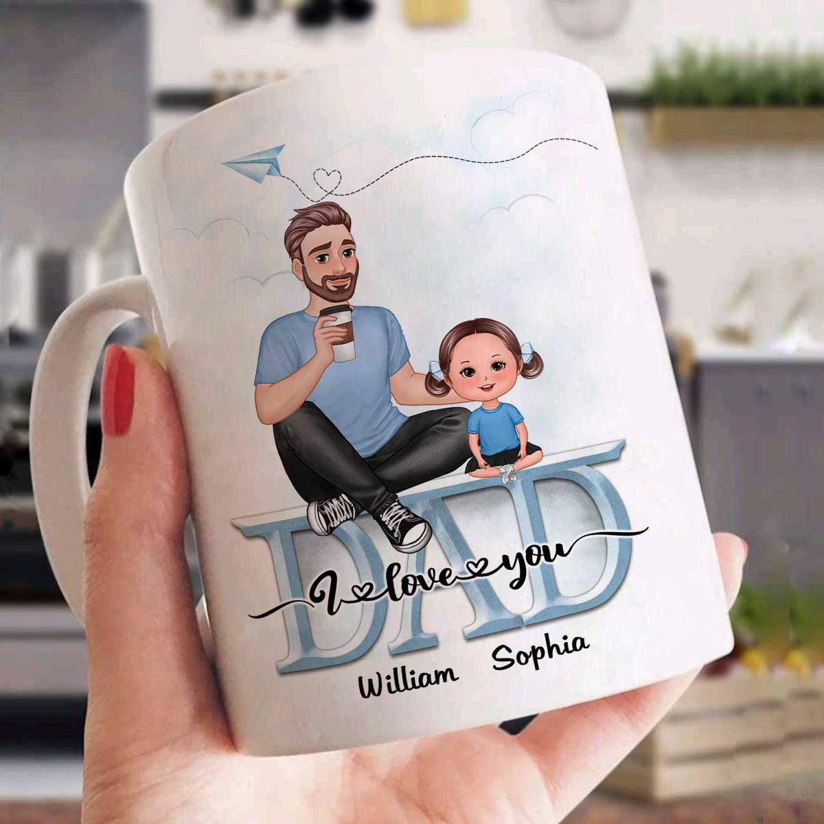 Dad We Love You Cartoon Dad & Doll Kids Sitting On Word Personalized Mug