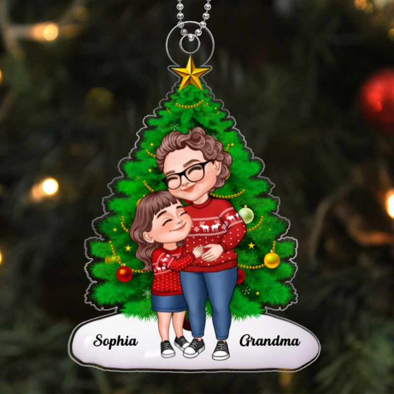 Cartoon Grandma & Grandkid Hugging By Christmas Tree Personalized Acrylic Ornament