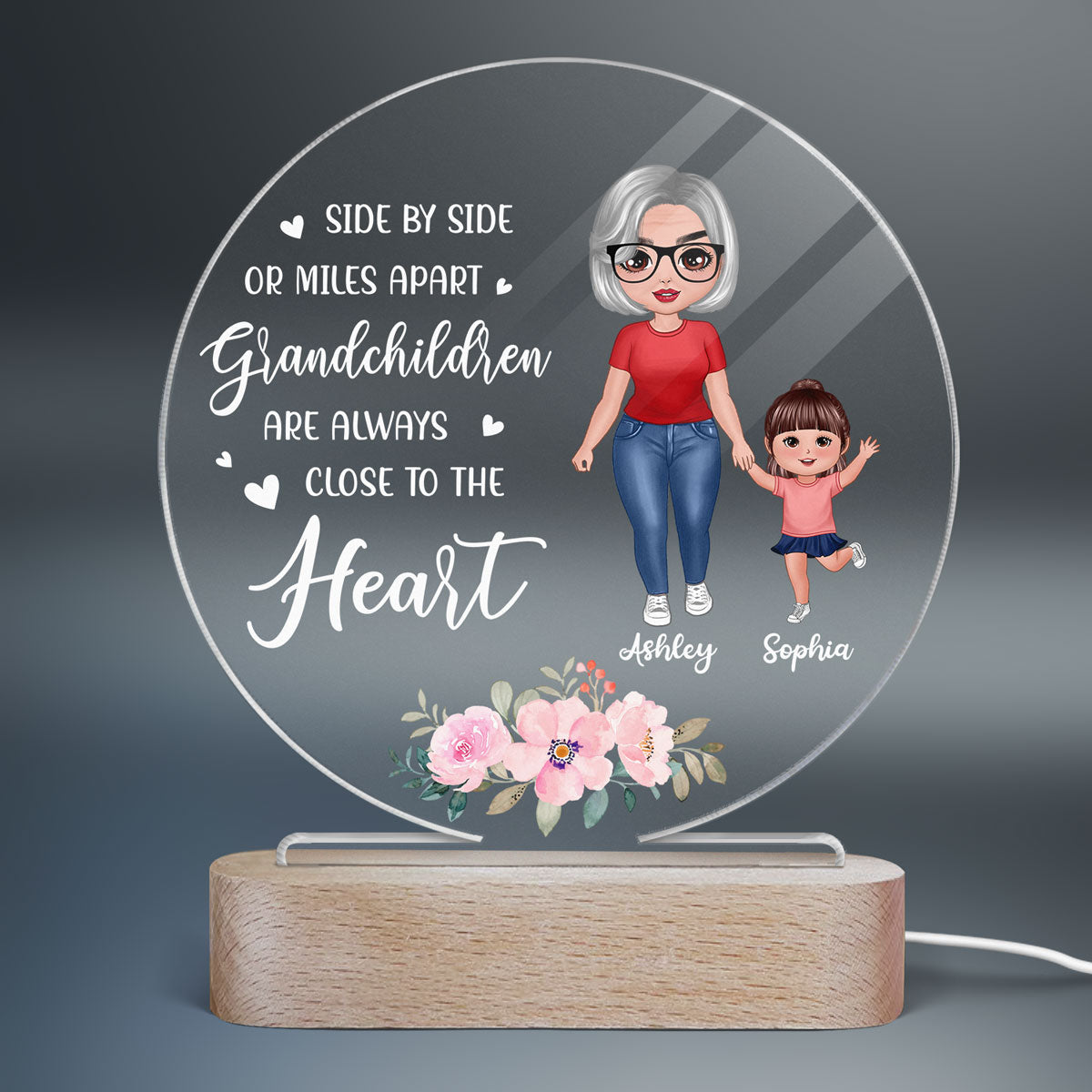 Grandchildren Are always Close To The Heart Personalized Circle Acrylic Plaque LED Night Light