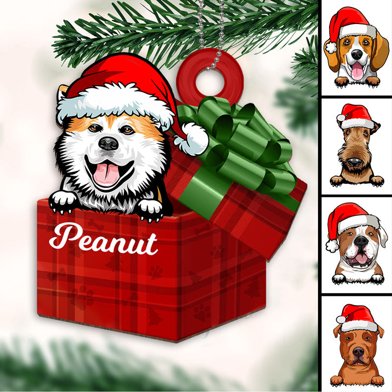 Peeking Dog In Christmas Gift Box Personalized Wooden Ornament