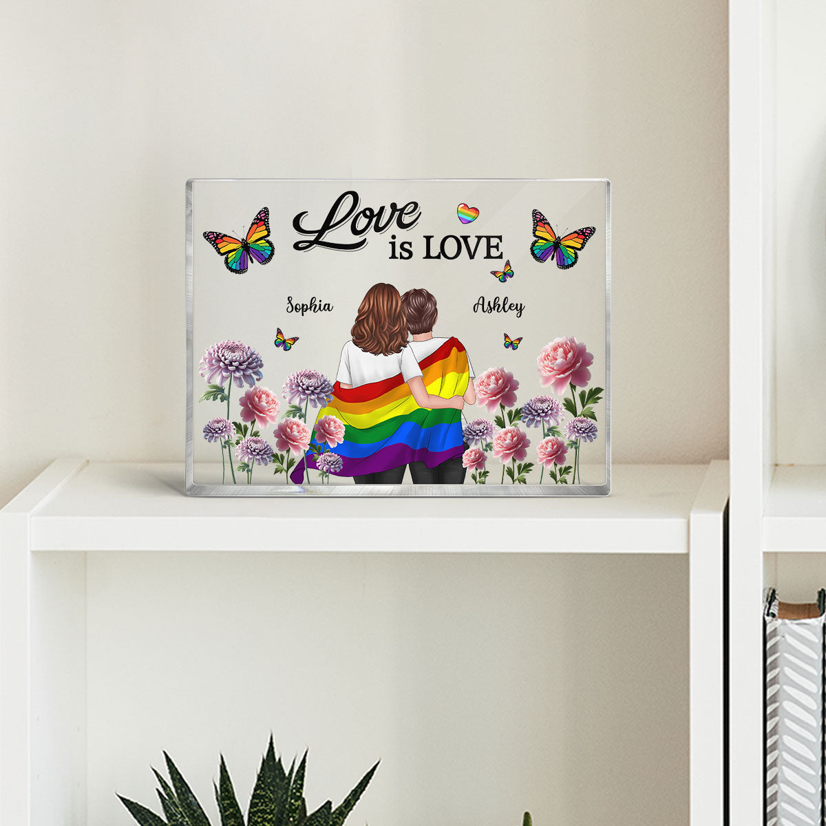 Pride Month LGBT Couple Birth Month Flowers Personalized Rectangle Acrylic Block Plaque, Gift For Couple