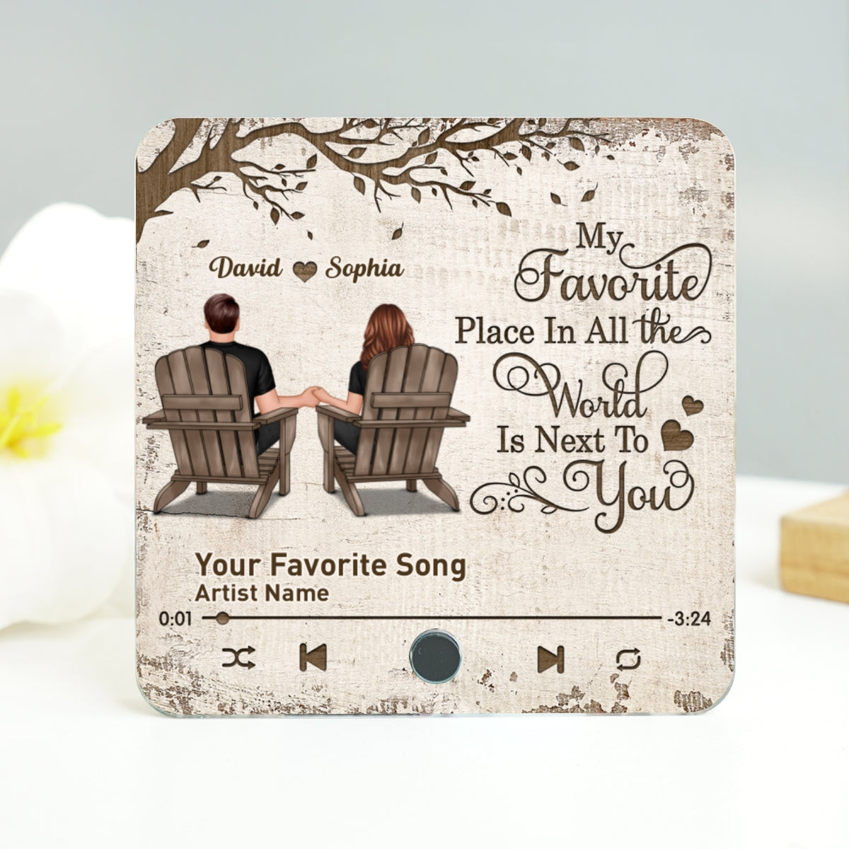 Favorite Place In The World Sitting Couple Back View Personalized Music Fridge Magnet, Anniversary Gift For Him, For Her