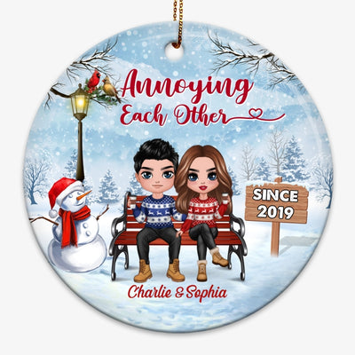 Doll Couple Sitting On Bench Personalized Circle Ornament