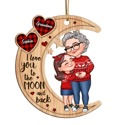 Checkered Pattern Heart Cartoon Grandma & Grandkid Hugging On Moon Personalized Wooden Ornament