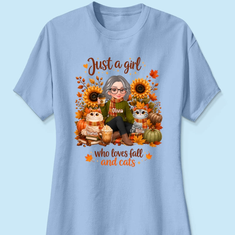 A Girl Who Loves Fall And Her Cats - Personalized Shirt - Fall Season Gift, Gift For Cat Lovers