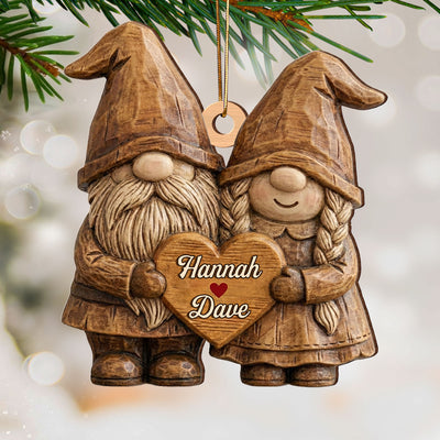 3D Effect Gnome Couple Standing - Personalized Wooden Ornament - Gift For Him, Gift For Her