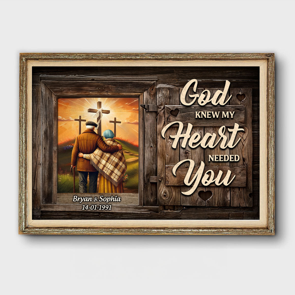 Cross God Knew My Heart Needed You Old Couple Walking Hugging Personalized Poster, Anniversary  Gift For Him, Her, Husband, Wife