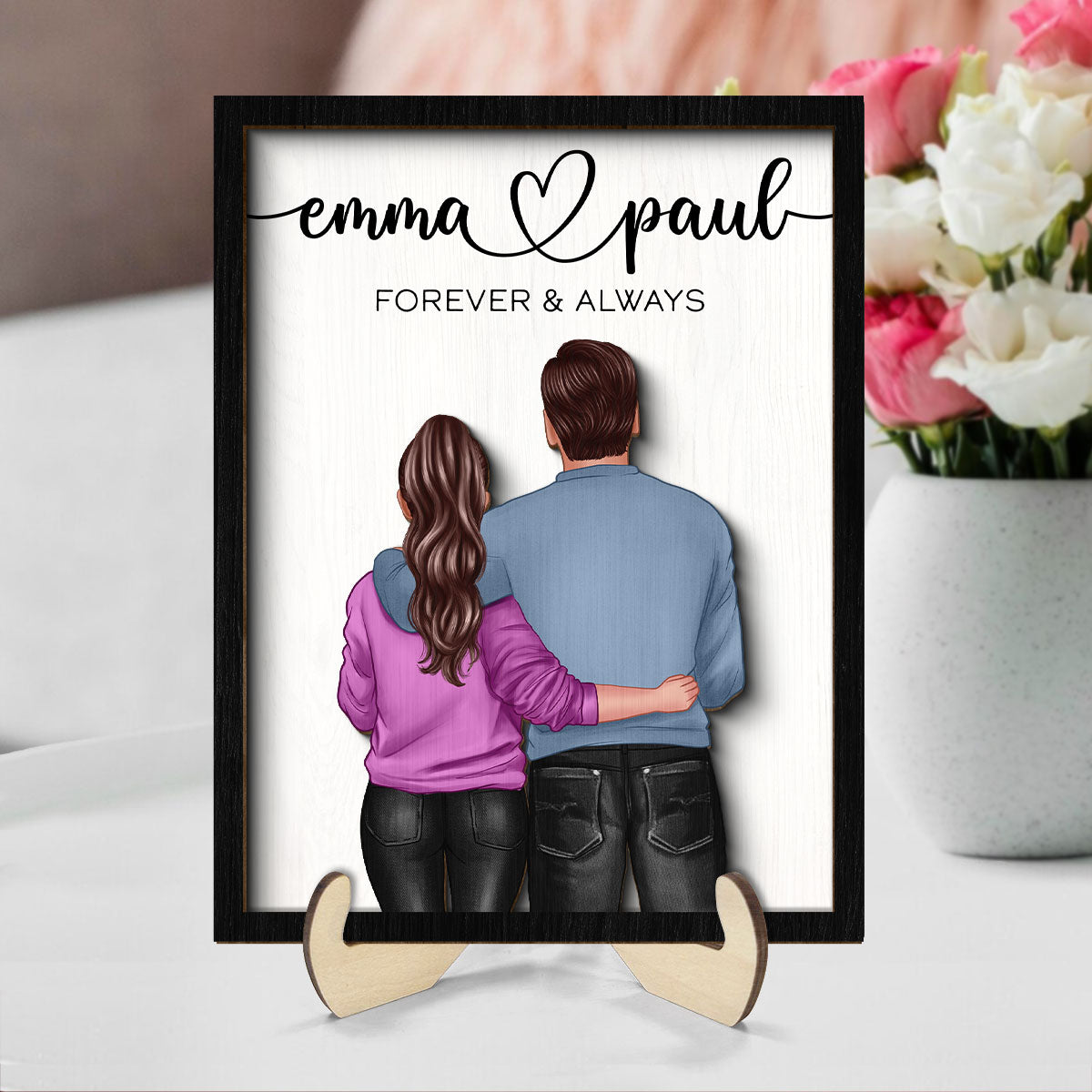 Couple Forever & Always Standing Back View Valentine‘s Day Gift For Him Gift For Her Personalized 2-Layer Wooden Plaque
