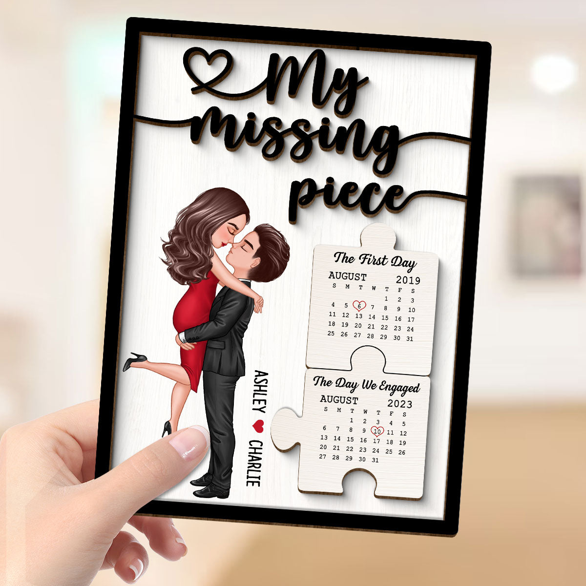 Couple Kissing Anniversary Dates Puzzle Personalized 2-layer Wooden Plaque