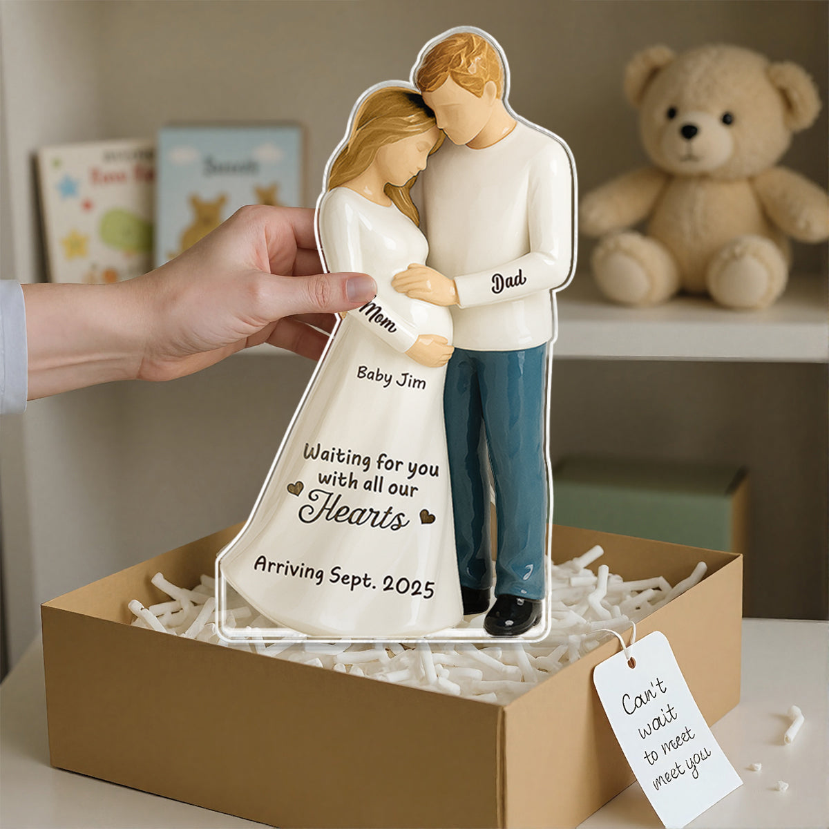 Waiting For You With All Our Hearts 3D Effect Couple Expecting Baby Personalized Acrylic Flat Block Plaque, Baby Shower Gift For Parents-to-be
