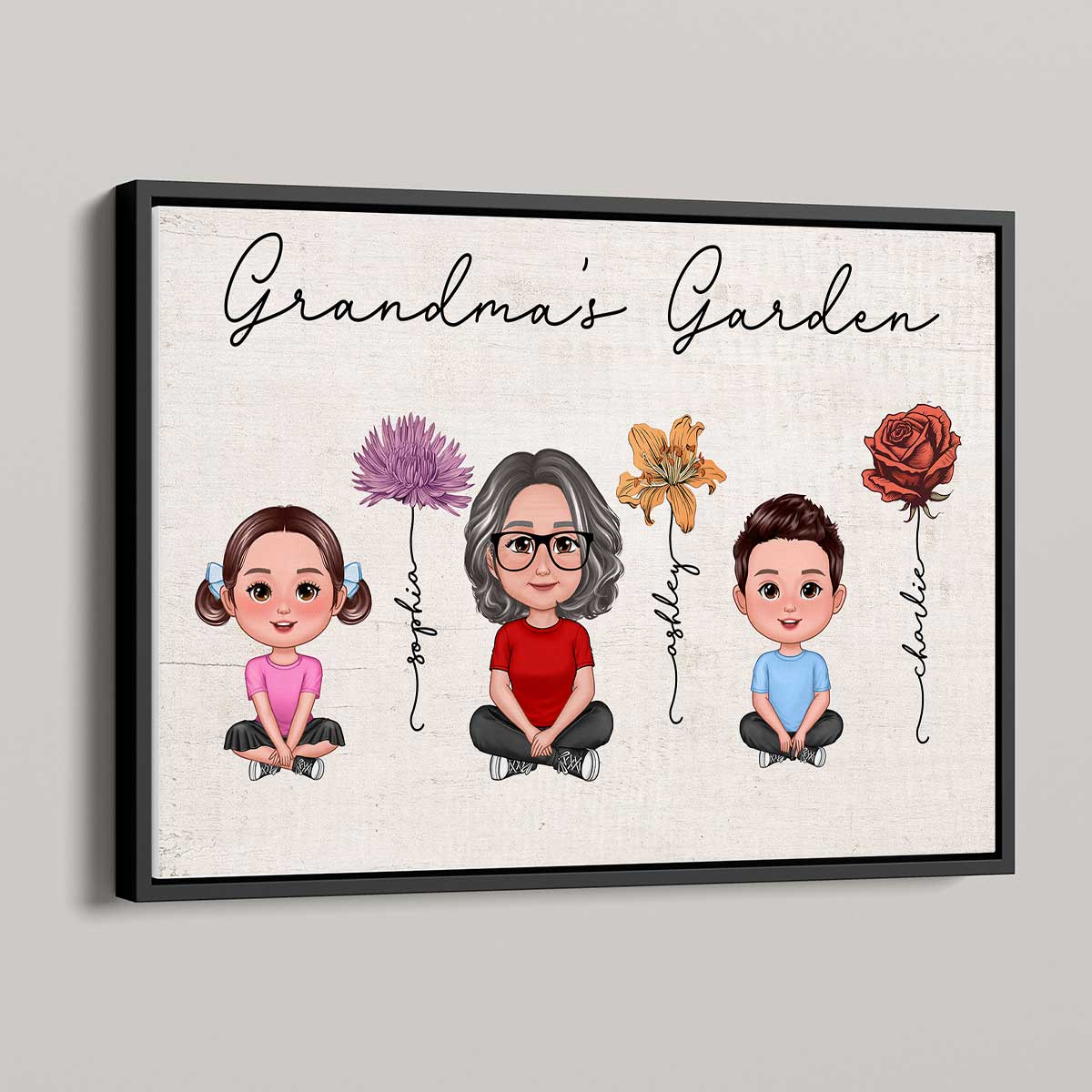 Grandma Grandkids Sitting Crossed Legs Garden Vintage Birth Month Flowers Mother‘s Day Gift Personalized Horizontal Poster