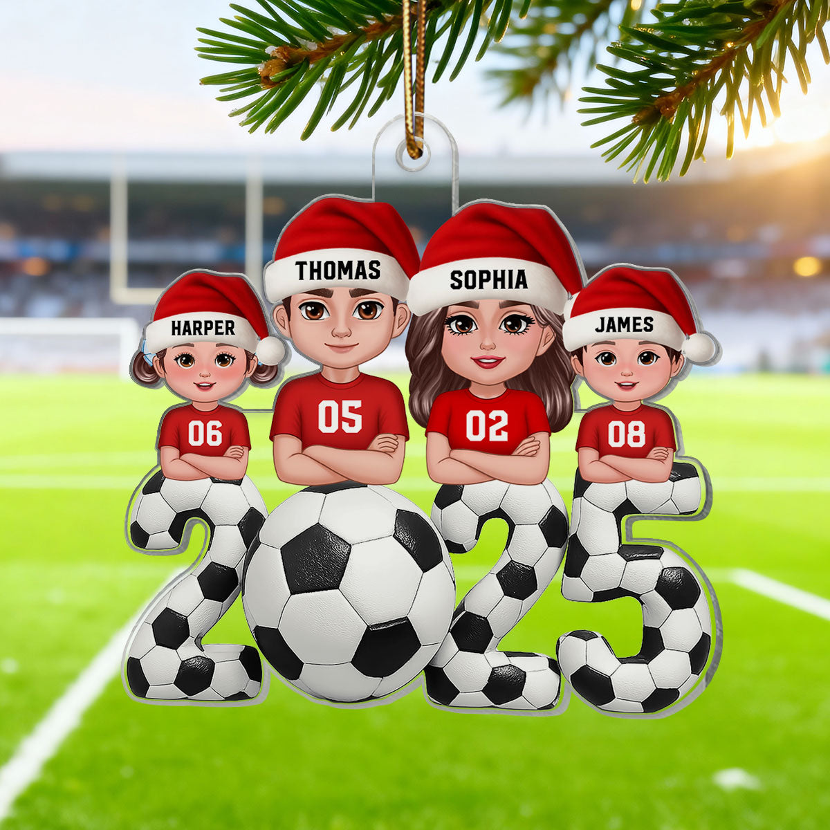 3D Effect Christmas Soccer Family - Personalized Acrylic Ornament