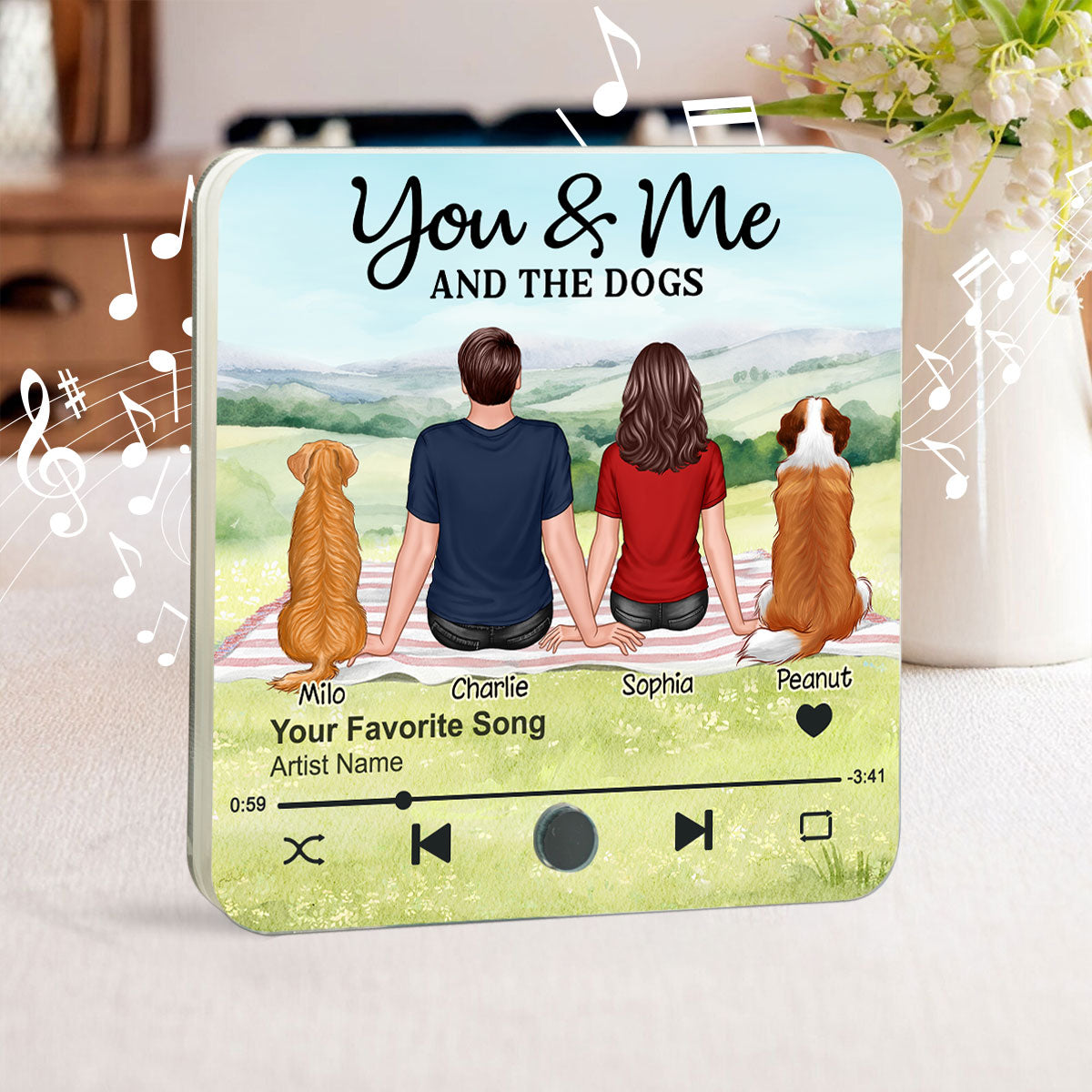 Couple & Dog Picnic In Park Personalized Music Fridge Magnet, Gift For Him, For Her