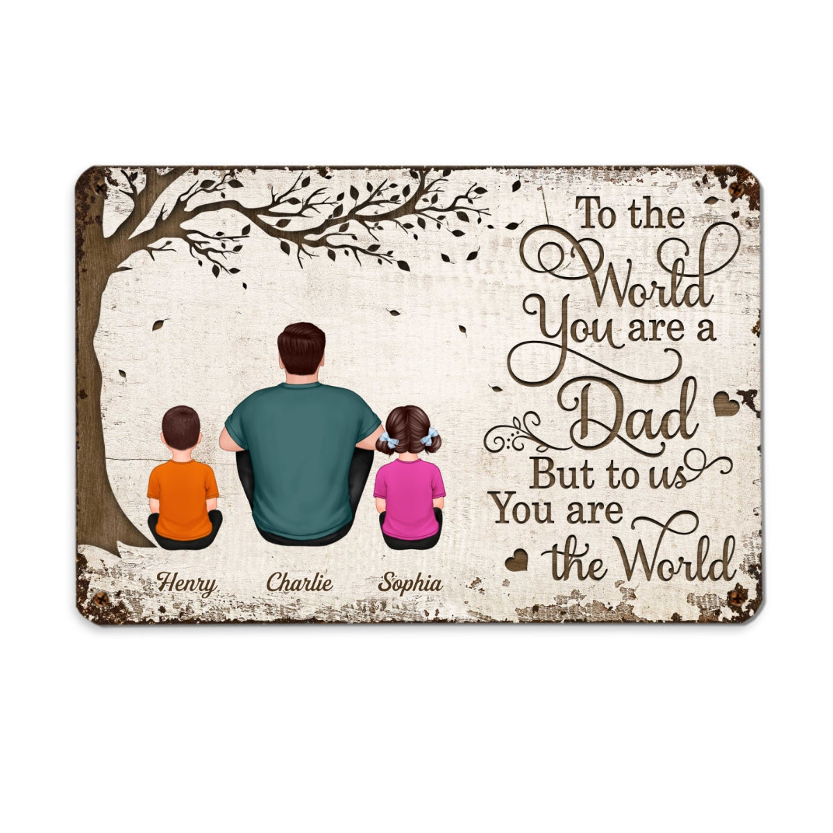 Back View Dad And Kids Dogs Cats Sitting Personalized Metal Sign