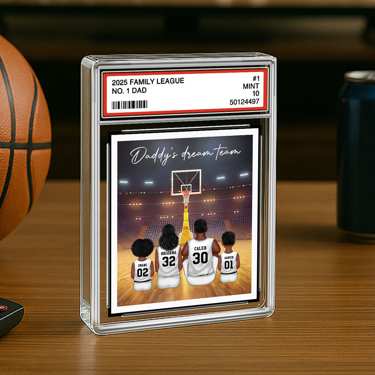 Basketball Daddy's Dream Team No. 1 Dad Man & Kids Sitting Trading Card Style Personalized Acrylic Block Plaque